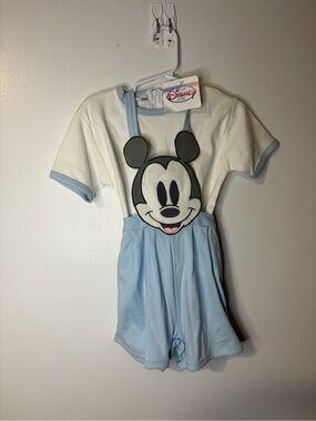Disney Light Blue & White Mickey Suspender Romper